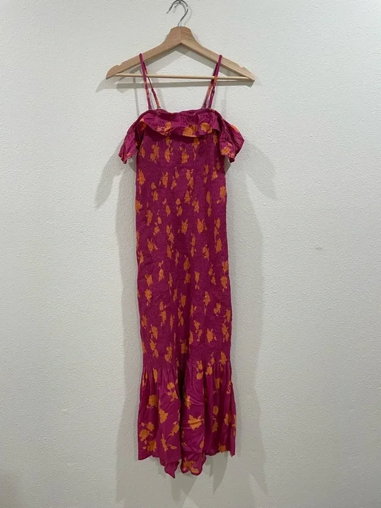 By Anthropologie Floral Pink Off-Shoulder Midi Dress Summer Wedding XXS - Picture 5 of 11